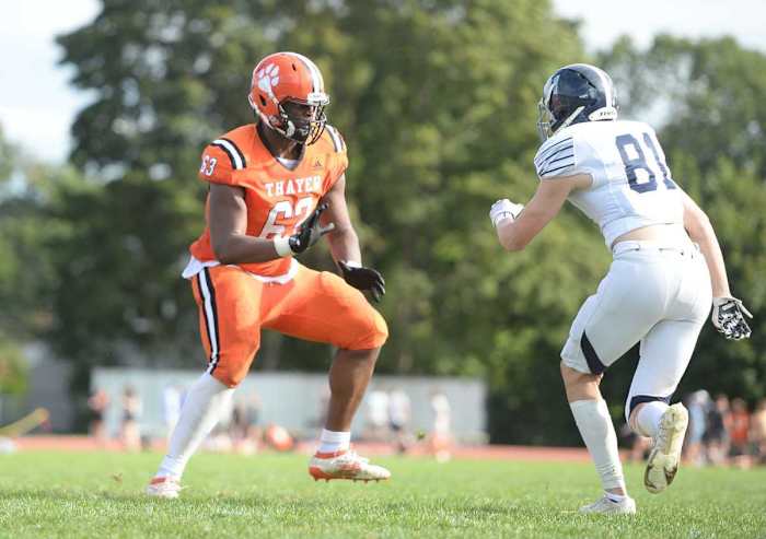 Thayer linemen Samson Okunlola prepares for a block.